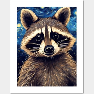 Cute Raccoon Animal Portrait Painting in a Van Gogh Starry Night Art Style Posters and Art